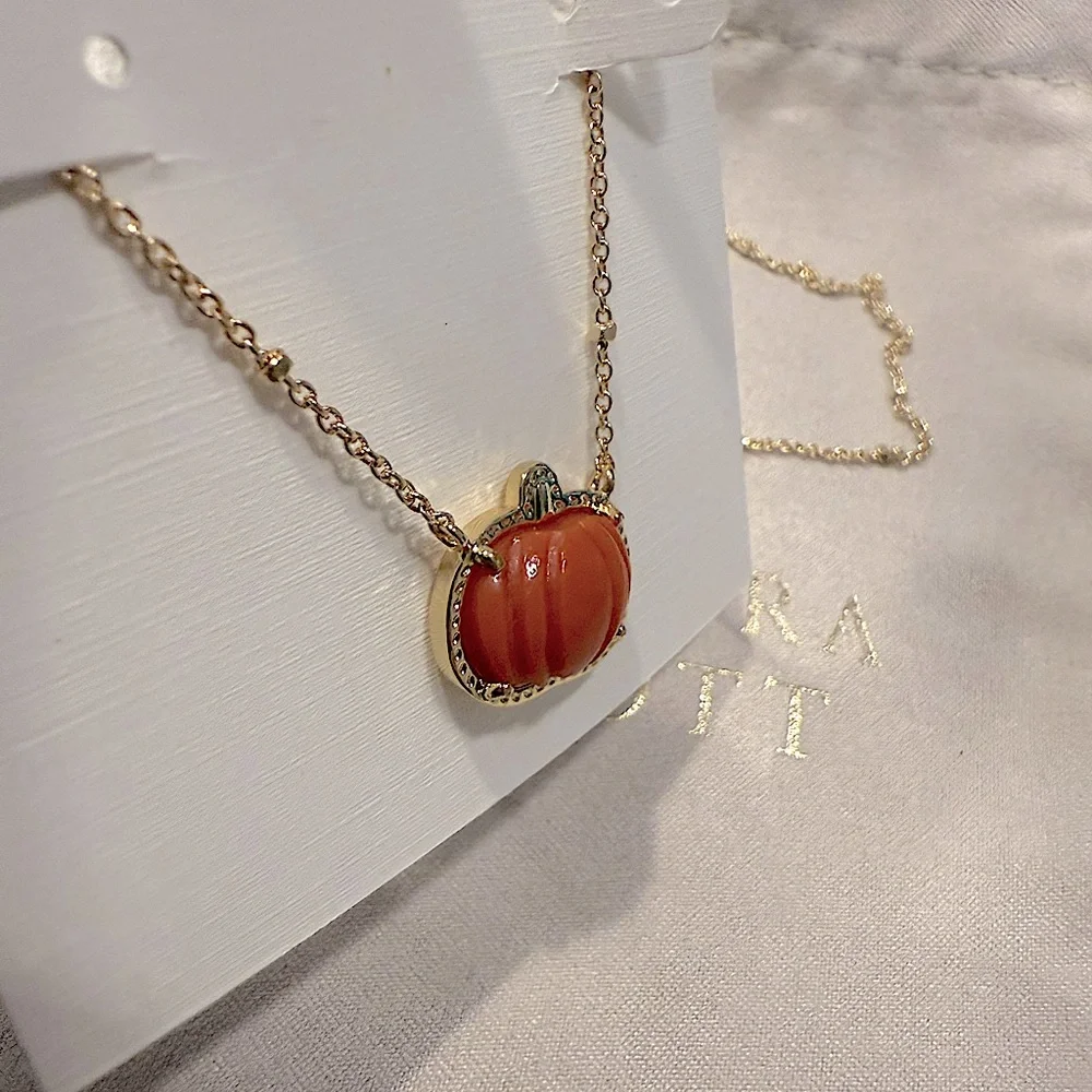 Brand New Kendra Scott Gold and Orange Pumpkin Necklace short Thanksgiving